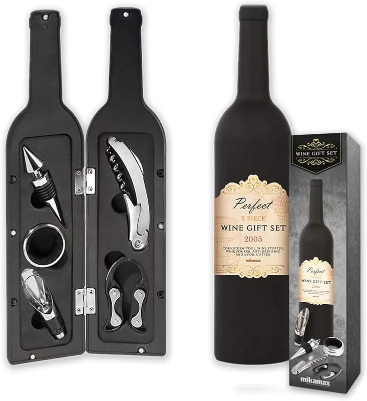 mikamax - Set de Regalo para Vino - Kit de Vino - Negro - Verificador de Vino - Tope de Vino - Herramienta de Sacacorchos — Vino y mesa festiva