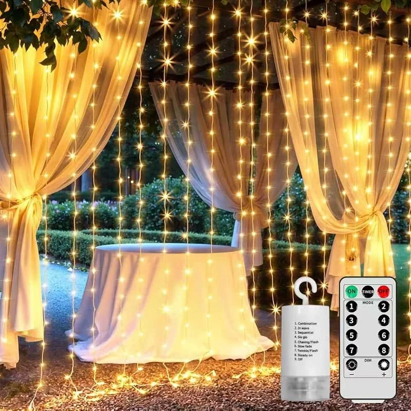 GCMacau 3x3M 300 Cortina de Luces, 4AA Batería Cadena Luz de Cortina, Guirnaldas de Luces con 8 modos, IP65 impermeable Cortina Luces Navidad für Hochzeit Party Deco