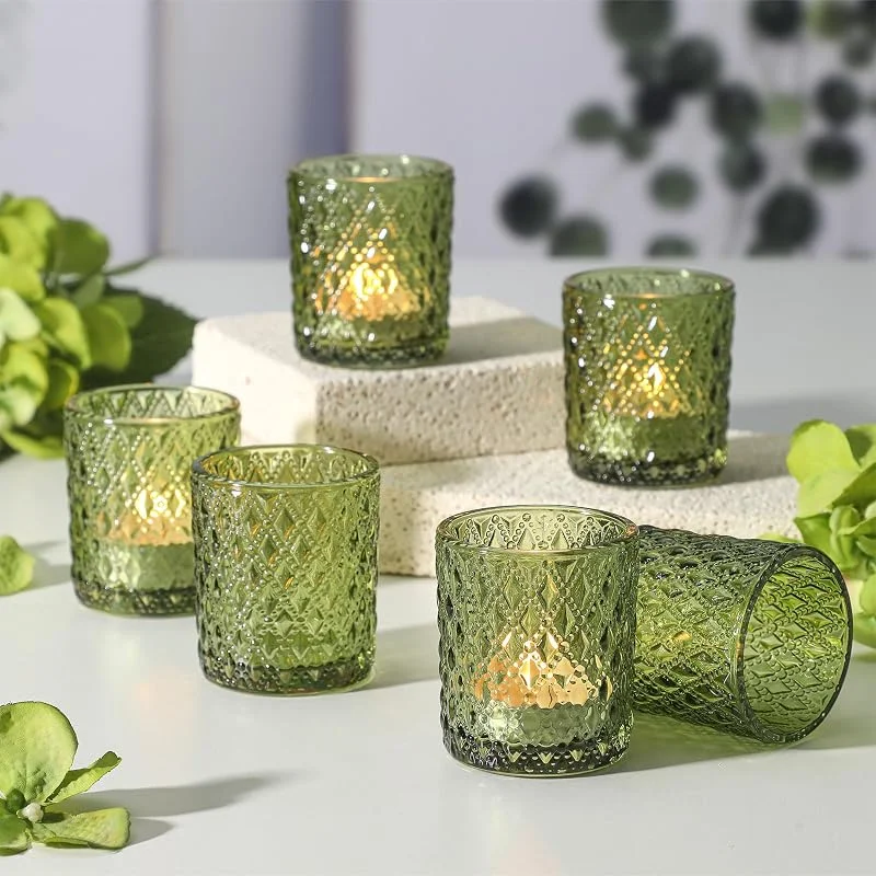 FUND AMLIGHT 12 vasos de té verde para velas de té, velas de té de Navidad de cristal para mesa, portavelas votivas de cristal, portavelas votivas, bodas, Navidad, centros de mesa para el hogar — Cena a la luz de velas