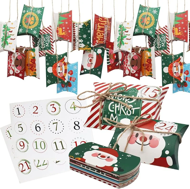 RIBSUQA Calendario de Adviento para Rellenar, 24 Cajas para calendario de Adviento DIY, con pegatinas navideñas y cordel de yute, para Navidad Decoración — Adviento y mesa