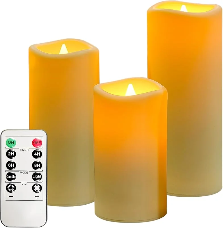 Visita la tienda de OSHINE OSHINE Velas LED impermeables sin llama, juego de 3 velas parpadeantes de color marfil, 2.2 pulgadas de profundidad x 5 pulgadas de alto, 6 pulgadas, 7 pulgadas, funcionan con pilas, para exteriores — Cena a la luz de velas