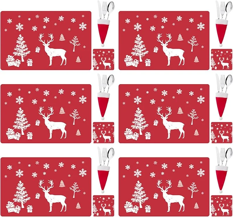 MLPKOI 18 Manteles Individuales de Navidad, Manteles Individuales de PVC Posavasos Navideños Diseño de Copo de Nieve de Reno Rojo para Decoración de Mesa de Cena de Navidad — Hogar y cocina
