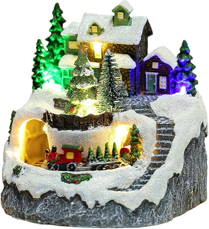 Hbbgdiy Casas de Pueblo navideñas con Nieve Musical iluminadas por LED con Tren y árboles, decoración de repisa de Mesa navideña de Invierno, Escena Festiva Nevada — Decoracion Navidad