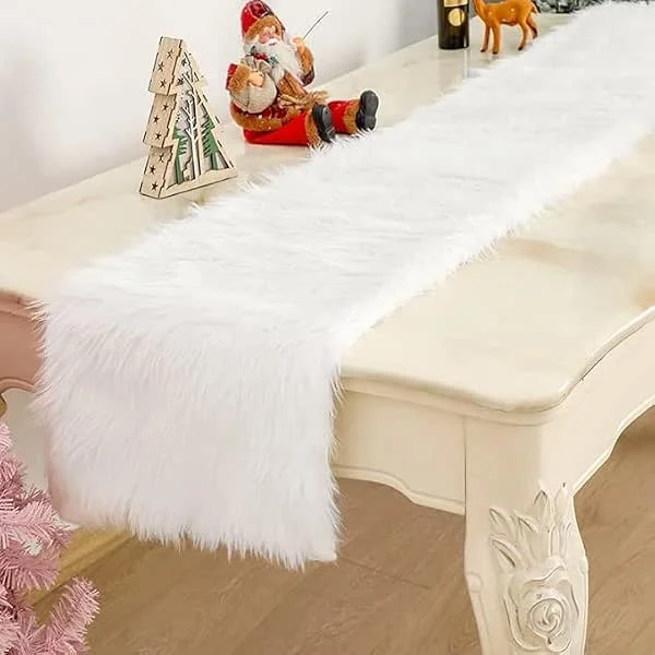 PORUPAEL Camino de mesa de Navidad de piel sintética color blanco nieve, camino de mesa de cena de Navidad, lavable, camino de mesa de boda, camino de mesa de felpa de invierno para Navidad, bodas, fiestas — Hogar y cocina