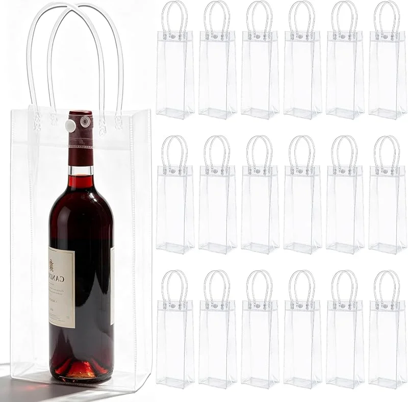 GAOUTO 18 enfriadores de botellas transparentes, 25 x 10 x 10 cm, bolsa de hielo de PVC, bolsa de hielo a prueba de fugas con asa para cerveza fría, vino, bebidas, fiestas, exteriores, camping — Vino y mesa festiva
