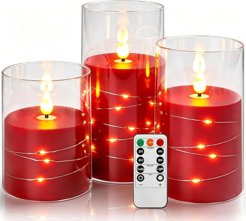 Visita la tienda de Da by Da by 3 Velas LED Rojas con Tubo Transparente y Luces Hada Envolventes, Llama Parpadeante Interna Realista, 1 Mando, Plástico Resistente al Calor, Tamaños Surtidos para Interior y Exterior — Cena a la luz de velas