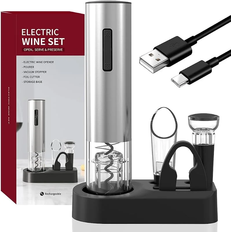 Mafiti Sacacorchos Eléctrico Recargable 5 en 1 con Base y USB-C — Vino y mesa festiva