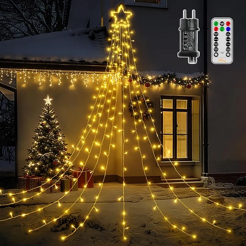 Ollny Iluminación de Navidad exterior con estrella 352 LED, 3, 5 m x 9 hebras, cadena de luces para árbol de Navidad, 8 modos, temporizador, resistente al agua, cadena de luces exteriores para árbol de — Luces Navidad