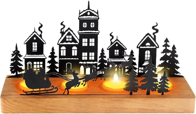 Necdeol Portavelas Navidad Vela Decorativa, Corona de Adviento Porta Velas, Candelabros para Velas de Metal Negro con Soportes de Madera para Velas Decorativas para DIY Corona Decoración de Mesa Navidad — Adviento y mesa