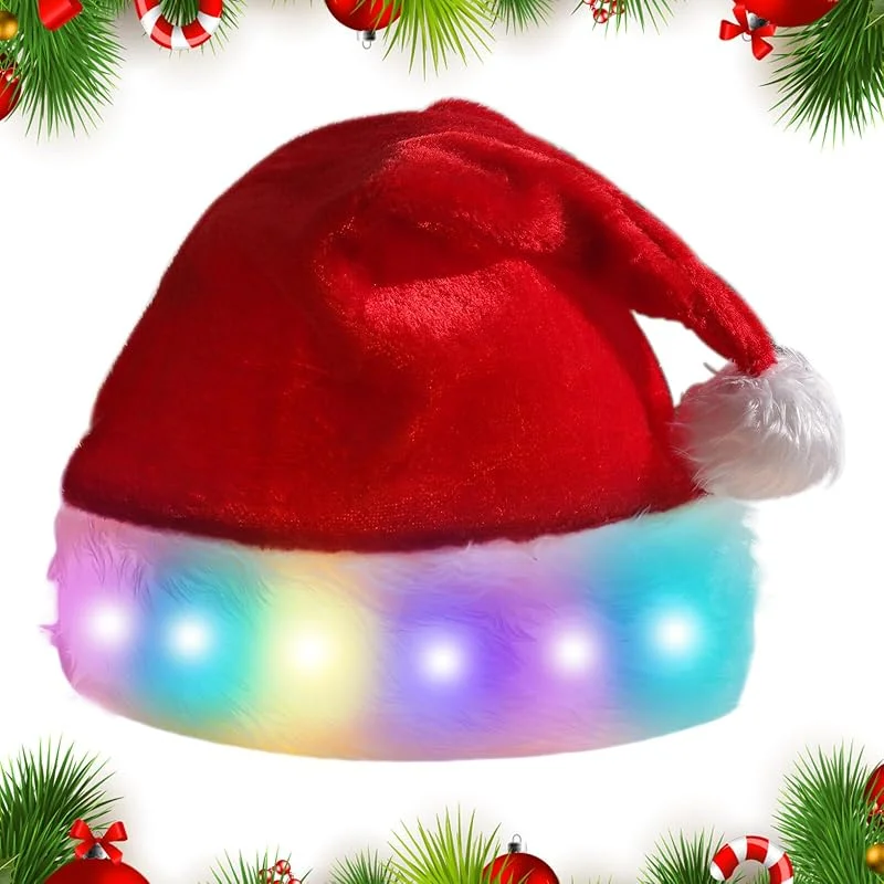 Aicharynic Gorro de Navidad LED de Papá Noel Para Adultos - Rojo Con Luces LED, Peluche - Para Fiestas, Vacaciones y Regalo de Año Nuevo — Ropa Navidad