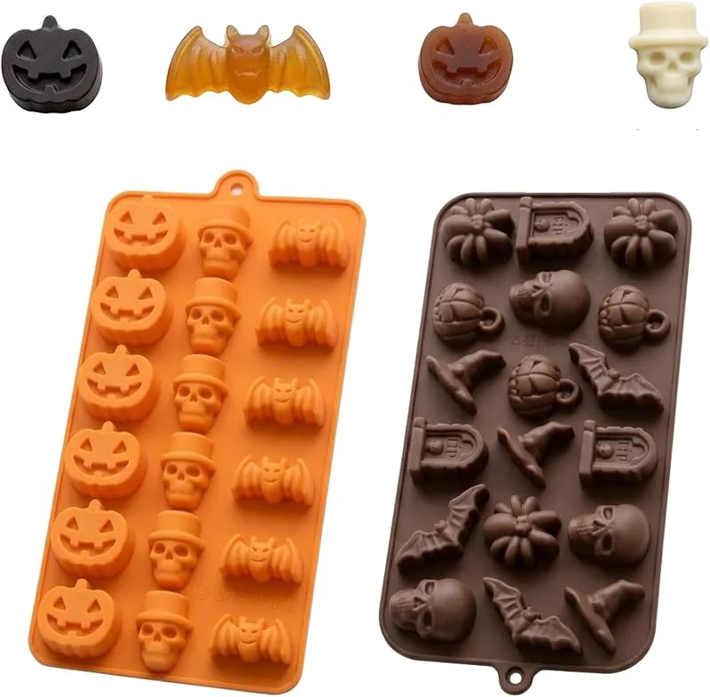 NCEJNY Pack de 2 Moldes de Silicona para Halloween, Moldes de Silicona Repostería para Chocolate, Caramelos y Tartas, Molde Silicona Halloween con Formas de Calabaza, Fantasma y Calavera — Hogar y cocina