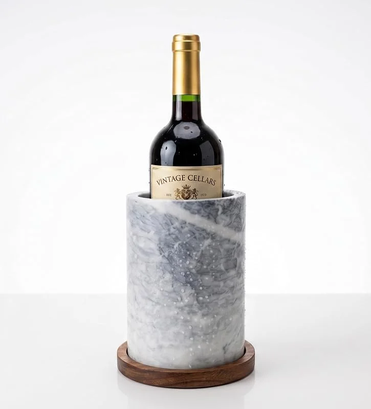 Spiretro Enfriador de vino de mármol blanco con base de madera de acacia, 12.7cm de diámetro, 17.7cm de altura, elegante enfriador de mármol natural con parte inferior de terciopelo, base de madera — Vino y mesa festiva
