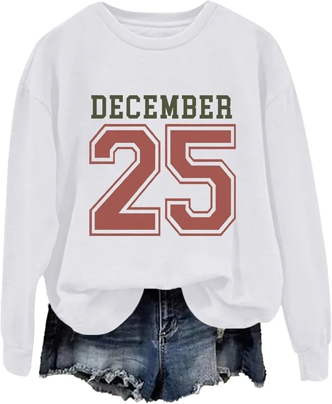 tacniseyw Suéter de Navidad para mujer, sudadera de manga larga con cuello redondo, camisetas divertidas, talla grande, estampado de Navidad, 25 de diciembre, sudadera de Navidad para mujer, novedad — Ropa Navidad