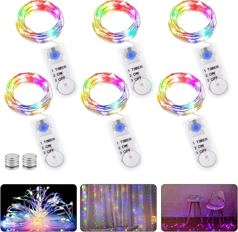 GAOUTO Cadena de luces LED con temporizador, 2 M 20 LED funciona con micro pilas, cobre iluminación navideña para habitaciones, interiores, Navidad, exteriores, fiestas, bodas (6, Multicolor) — Luces Navidad