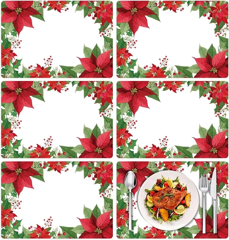 Wzczf Juego de 6 manteles individuales navideños, lavable, para invierno, 40 x 28 cm, color rojo, diseño navideño, resistentes al calor, antideslizantes, se limpian con un paño, aptos para alimentos — Hogar y cocina