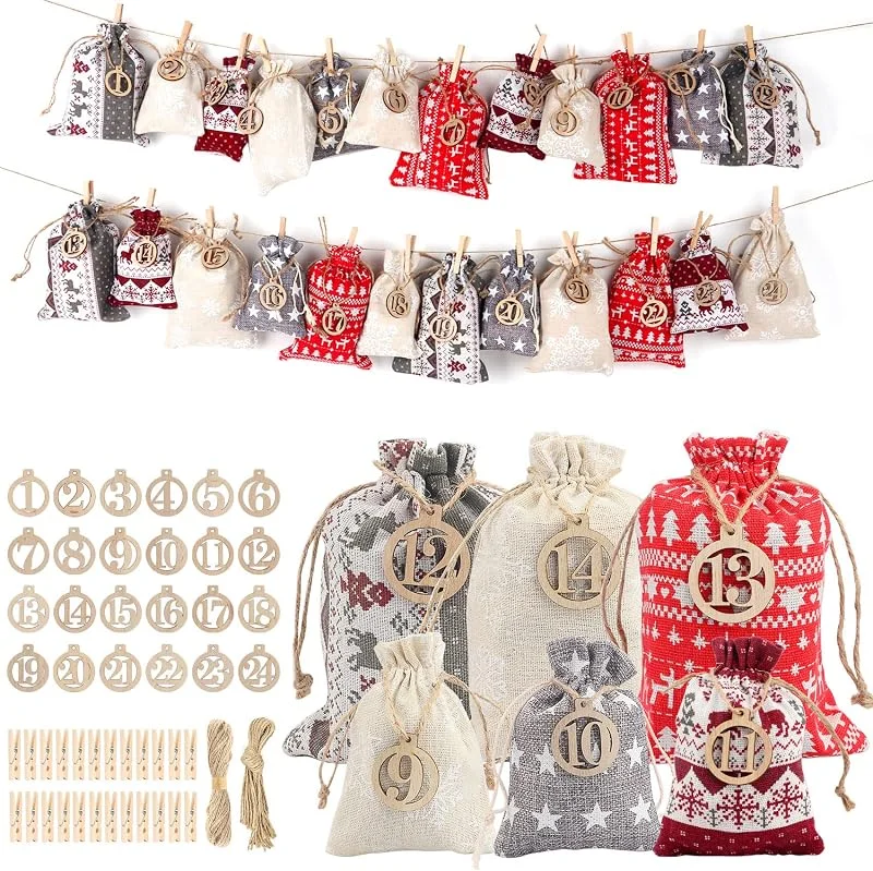 PaPiwa Calendario Adviento para Rellenar, Calendario de Adviento Rellenable 24 Saquitos Bolsas Calendario Adviento con Etiqueta de Número de Madera, para Niño, Hombre, Mujer — Adviento y mesa