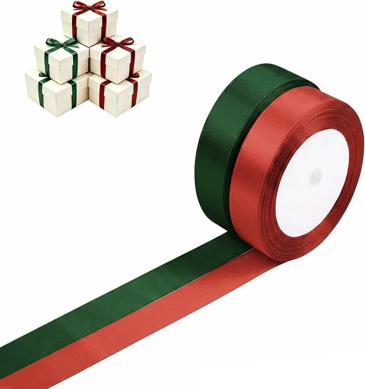 HAGOT 2 Pcs Cinta de Satén, Rojas y Verdes Cinta de Navidad, 2, 5cmx22m Cinta de Raso, Cinta de Tela para Regalos, Complementos, Manualidades, Bodas y Decoración — Envoltorio regalo