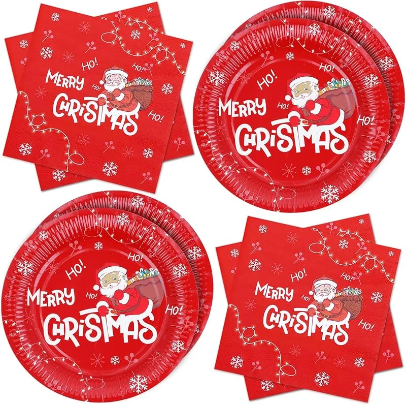 ZVK Vajilla de fiesta, Juego de Platos, Servilletas 40 piezas Papá Noel Juegos de vajilla para fiestas de papel Juegos de cubiertos desechables para Navidad, Año Nuevo — Adviento y mesa