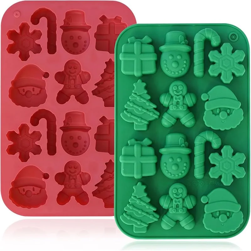 YTAXYZWR Molde de silicona navideño 2 unidades para chocolate, 14 cavidades antiadherentes, moldes verdes y rojos para dulces, muffins y jabón decorativo navideño — Hogar y cocina