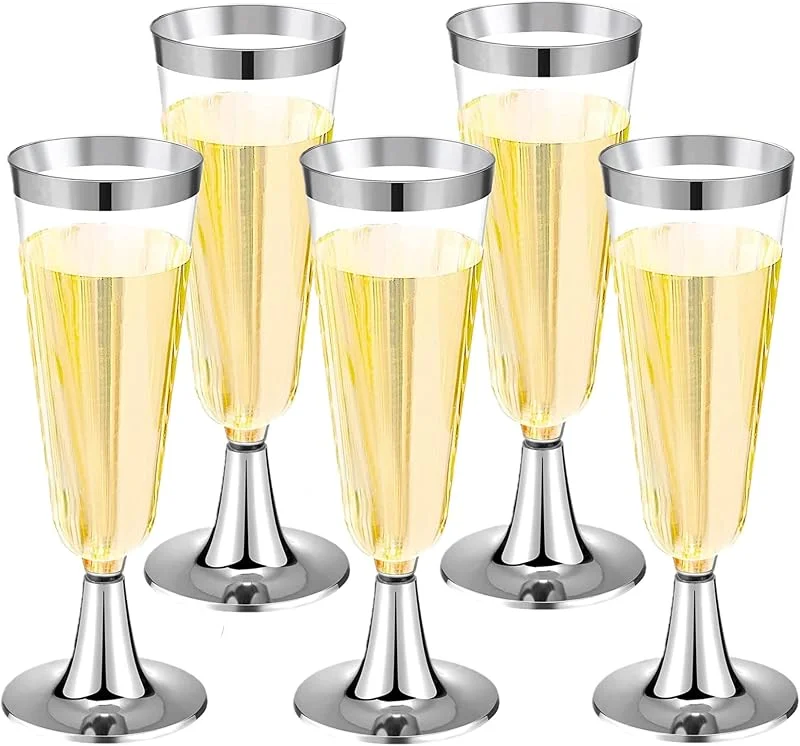 LATERN 30 Piezas Copas de Champán de Plástico, 150ml Copas de Champán de Plateadas Copas de Vino de Fiesta con Tallo Reutilizables para Fiestas de Aniversario Bodas Jardín (5, 5 x 16, 5cm) — Vino y mesa festiva