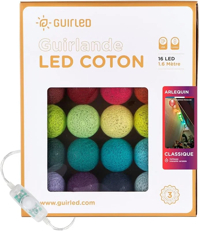 Visita la tienda de GuirLED GuirLED - Guirnalda luminosa bolas de algodón LED USB- Luz de noche para bebé 2h - Adaptador de corriente dual USB 2A incluido - 3 intensidades - 16 bolas 1, 6m - Arlequin — Luces Navidad