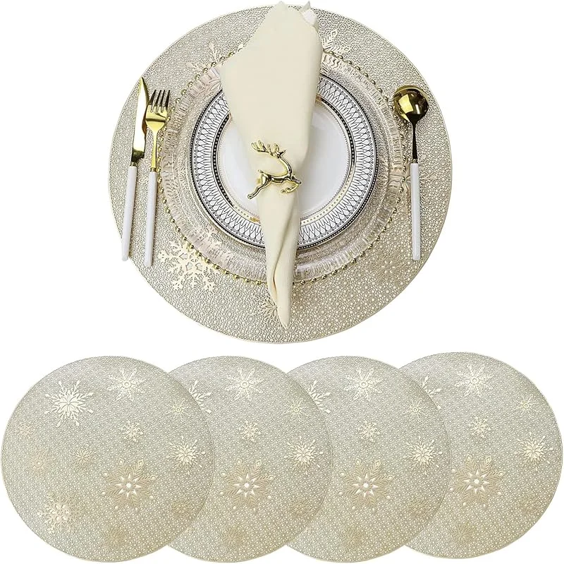 HhBdy Manteles Individuales Redondos Dorado Navidad, 4 Piezas Individuale Mesa Lavables Individuales Mesa Navidad Dorados Mantel Individual Patrón de Copo de Nieve para Decoración de Mesa — Hogar y cocina