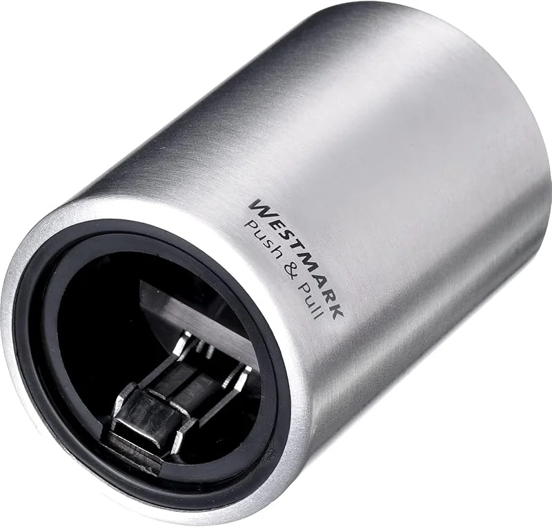 Visita la tienda de Westmark Westmark Abrebotellas automático, elevador de tapas, Para abrir botellas con tapa tipo chapa, Aluminio satinado, Push&Pull, Plateado, 5.3 x 5.3 x 8 cm — Vino y mesa festiva