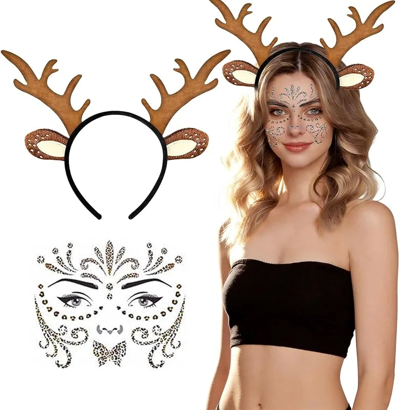 KOMEIYL Cuernos de Reno Diadema, Diademas de Cuernos de Navidad con Tatuaje de Cara Pegatinas, Ciervo Diadema, Aplicable a Regalos Navidad para Familiares y Amigos — Ropa Navidad
