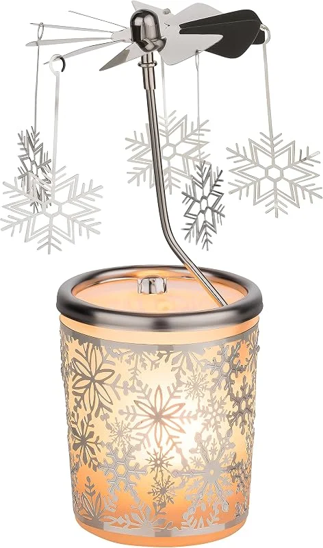 MaMeMi Portavelas Navideño de Cristal con Carrusel Giratorio Copo de Nieve, Altura 15 cm con Vela Incluida, Decoración de Navidad y Adviento, Luz de Té Rotatoria — Decoracion Navidad