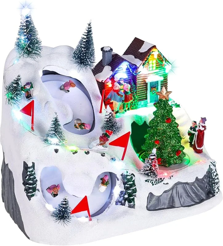 MEETYAMOR Pueblo de Navidad, juego de casa de pueblo de Navidad iluminada con figuras y árboles de esquí en movimiento, colección de escenas de ciudad de Navidad de invierno nevado, decoración de — Decoracion Navidad