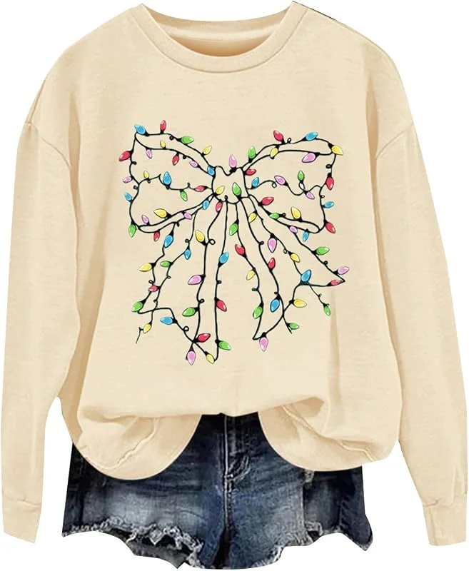 tacniseyw Suéter de Navidad para mujer, sudadera divertida con estampado de Navidad, con lazo, camisa de manga larga, talla grande, sudadera fea de Navidad para otoño e invierno, suéter de moda — Ropa Navidad