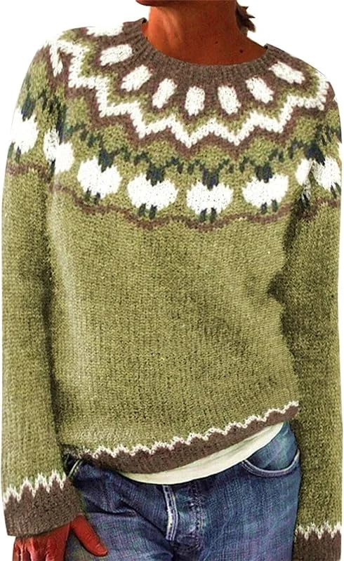 Generic HUIFUAO - Jersey Fairisle para mujer, talla grande, suéter noruego, nórdico, islandés, invierno, cálido, grueso, de Navidad, ropa de punto vintage, suave, suéter de manga larga — Ropa Navidad