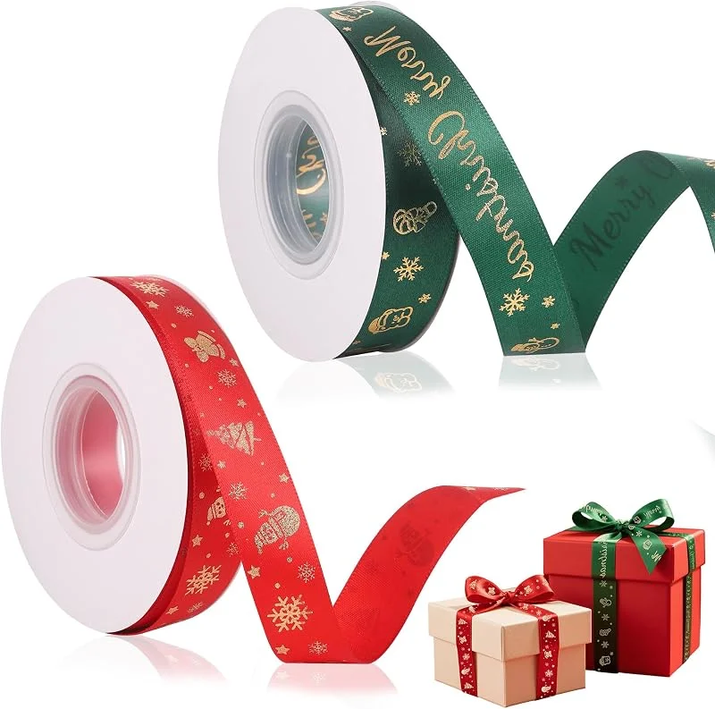 Zocipro 2 Rollos Cintas de Navidad 2, 3cm x 23m, Cinta de Satén Rojo, Verde con Motivos Navideños para Envolver Regalos, Árbol de navidad, Boda, Manualidades, Costura — Envoltorio regalo