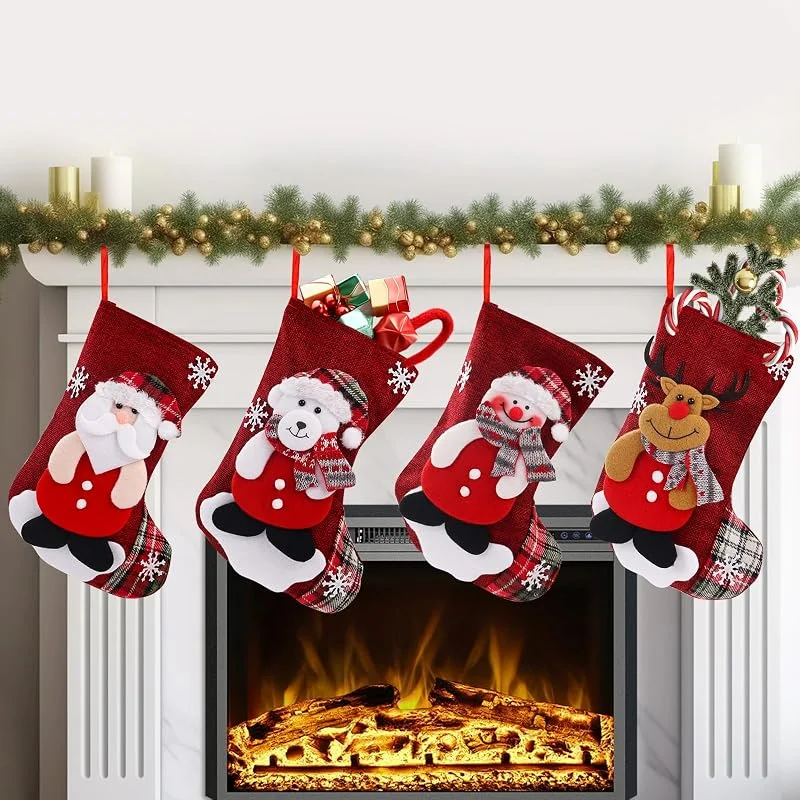 ANBOWEI Calcetines Navidad Chimenea, 4 Forma Medias de Navidad para Colgar, Botas Navideñas Calcetines Papa Noel para Relleno de Regalos, Christmas Stocking Decoracion — Decoracion Navidad
