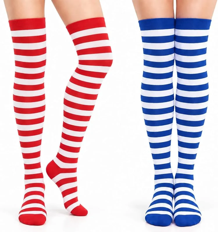 RICUHJIAJU 2 Pares Calcetines a Rayas Hasta Rodilla, Rayas Azules Blancas, Rojo Blanco — Decoracion Navidad