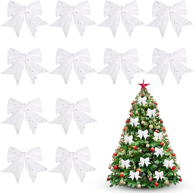 Yimomoyi 12PCS Lazos Rojos de Navidad, 12x14cm Lazos de Decoracion, Lazos Arbol de Navidad, Decoracion de Arbol Navidad Lazos, Adecuado para Decorar Celebraciones Familiares, Fiestas Navideñas, Bodas (Blanco) — Envoltorio regalo