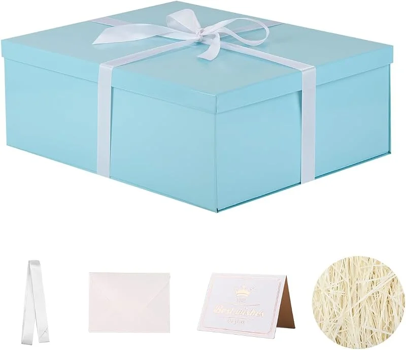 KdmNzoo Caja de regalo grande azul 42 x 32 x 15, 5 cm, caja de regalo vacía, caja de regalo de cumpleaños – 1 pieza (contenercinta, papel de seda, sobres y tarjetas) — Envoltorio regalo