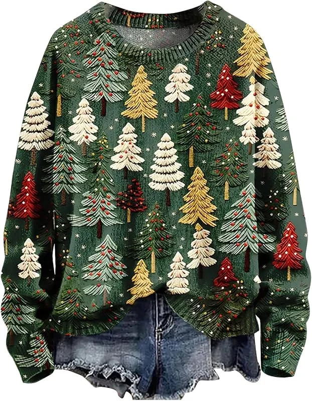 tacniseyw Sudadera de Navidad para mujer, suéter con estampado divertido, talla grande, camisetas de Navidad de manga larga con cuello redondo, sudaderas feas de Navidad, suéteres casuales de moda — Ropa Navidad