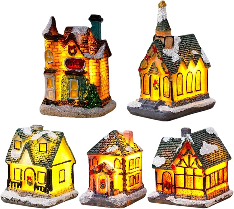 Pesoncarl Adornos navideños, 5 Piezas de casa de Pueblo navideña con iluminación LED, adorables Juegos con Pilas para decoración de Fiestas Interiores de Navidad, cumpleaños — Decoracion Navidad