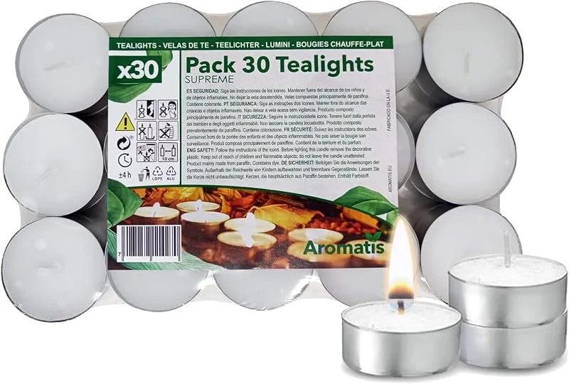 Aromatis 30 x Velas de Té Blancas Individuales Sin Fragancia - Candelitas sin Olor 39 mm Diámetro - Duración Aprox 4 h - Ideal Calientaplatos, Decoración, Ambientación, Quemador Esencias — Cena a la luz de velas