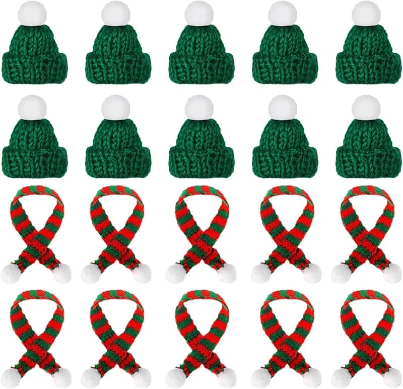XIABYAYU Mini Sombrero de Navidad, 20 Pcs Mini Bufanda de Navidad, Mini Gorro De Papá Noel, Bufanda Botella Vino, Mini Sombrero de Punto de Navidad para Adornos de Mesa — Ropa Navidad