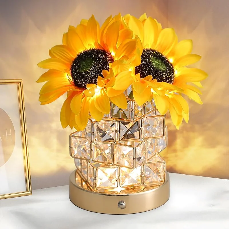 JHXLAMP Lámpara táctil de girasoles, lámpara de mesa inalámbrica recargable, 3 colores, atenuación continua, pequeña luz nocturna, regalo para mamá para San Valentín, día de la madre, Navidad — Cena a la luz de velas