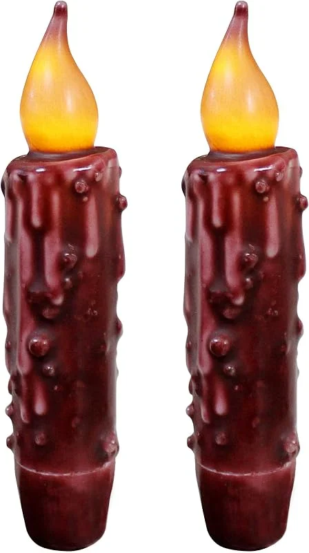 CVHOMEDECO. Auténtica cera sumergida a mano temporizador LED con pilas velas cónicas country primitiva decoración de lámparas sin llama, 10 cm, burdeos, 2 unidades en un paquete — Cena a la luz de velas