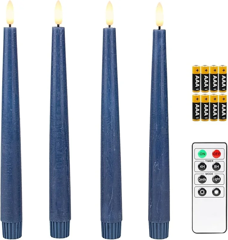 Visita la tienda de Fanna Fanna 4 Velas LED cónicas sin llama con temporizador, Velas a Pilas de candelabros rústicos con mando a distancia, 8 baterías incluidas, Altura 24, 5cm - Azul — Cena a la luz de velas