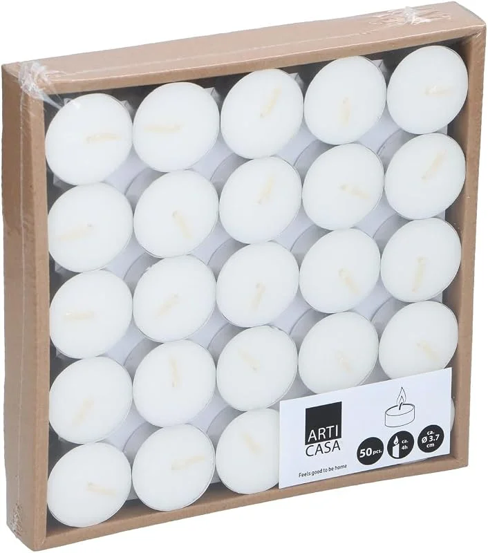 Arti Casa Velas de té – 50 unidades – Color blanco – Diámetro 3, 7 cm – Tiempo de combustión aprox. 3, 5 horas – Adecuado para cualquier portavelas – Ideal para el estado de ánimo diario y la decoración — Cena a la luz de velas
