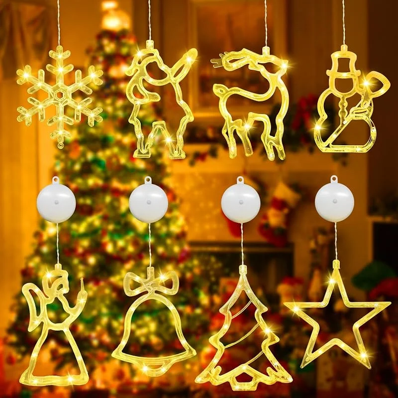 Snarflun 8 PCS LED Luces de Navidad, 10 LED Luces de Ventana con Ventosa, Cortina Luces con Estrella a Pilas, Blanco Calido, Decoración para Interior Exterior Navidad Fiesta Balcón Ventana — Decoracion Navidad