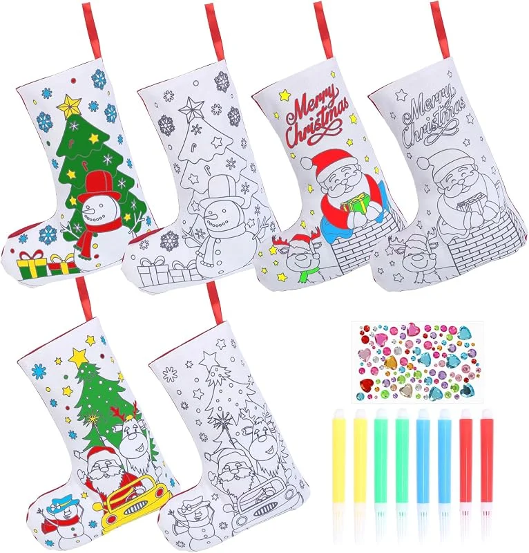 YOLOUP Juego de 6 calcetines navideños para pintar, 20 x 25 cm — Decoracion Navidad