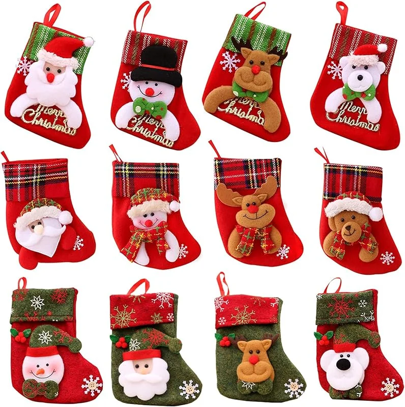 Wuuooei Medias de Navidad Calcetín de Navidad, 12 Pcs Mini Medias de Navidad, Calcetines de Decoración Navideña, Calcetines Navideños Chimenea, para Árbol de Navidad, Papá Noel, Muñeco de Nieve, Renos, Oso — Decoracion Navidad