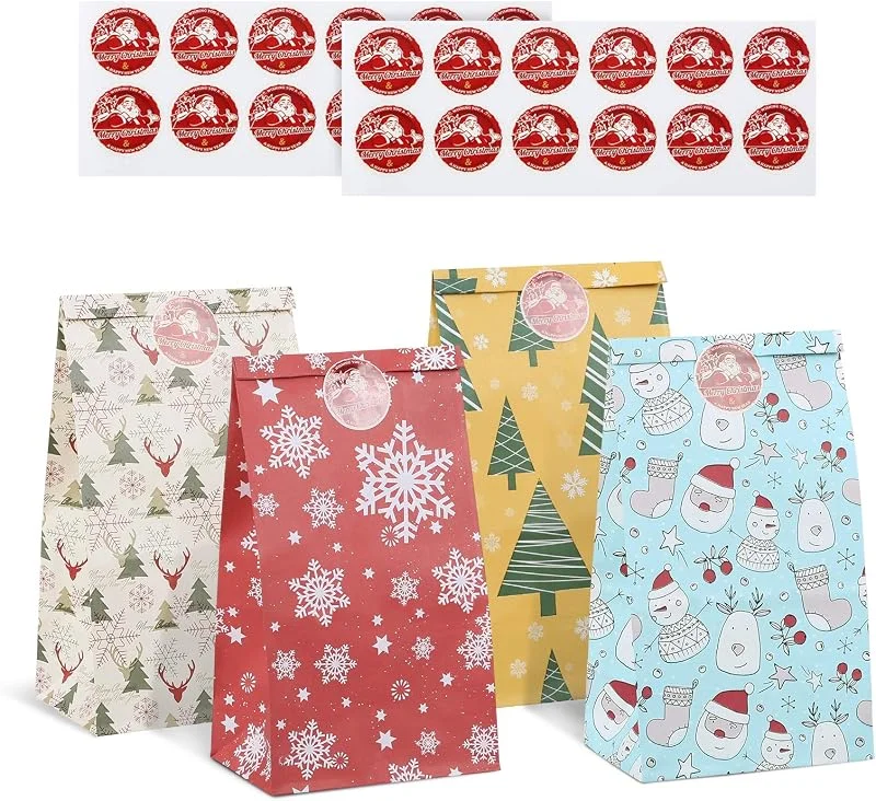 Kesote 24 Bolsas Navideño de Regalo Bolsas de Papel para Regalos Dulces Galletas con 24 Pegatinas Navideñas (21x11, 5x8cm) — Envoltorio regalo