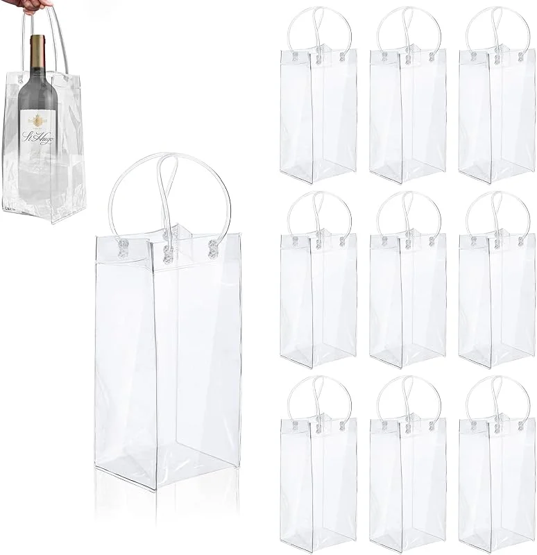 JReHuiG 10 piezas Bolsas de Vino de PVC para Hielo Transparente con Asa, Bolsa de Enfriador de Botellas de Cerveza Portátil, para Vino Champán, Bolsa Plegable de Enfriador de Vino para Champán Cerveza Fría — Vino y mesa festiva